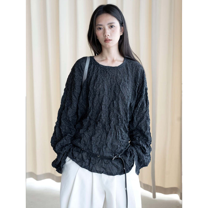 Women's Crinkled Oversize Blouse made of Linen Blend with Textured Pleated Look Mune Fashion