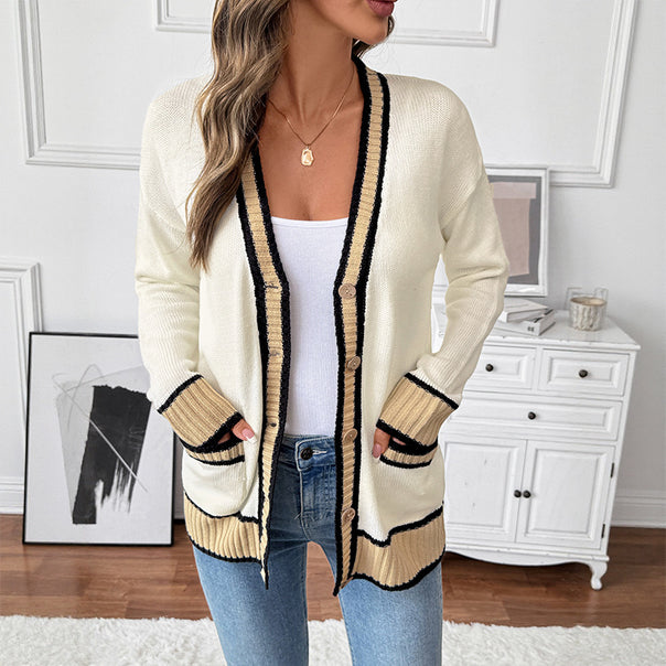 Women's knit cardigan with contrast edges, V-neck, button closure and patch pockets Mune Fashion