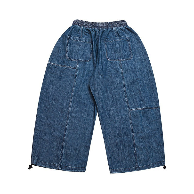Women's Wide Cropped Jeans in Balloon Cut with Elastic Drawstring Waistband and Adjustable Hem Cords Mune Fashion