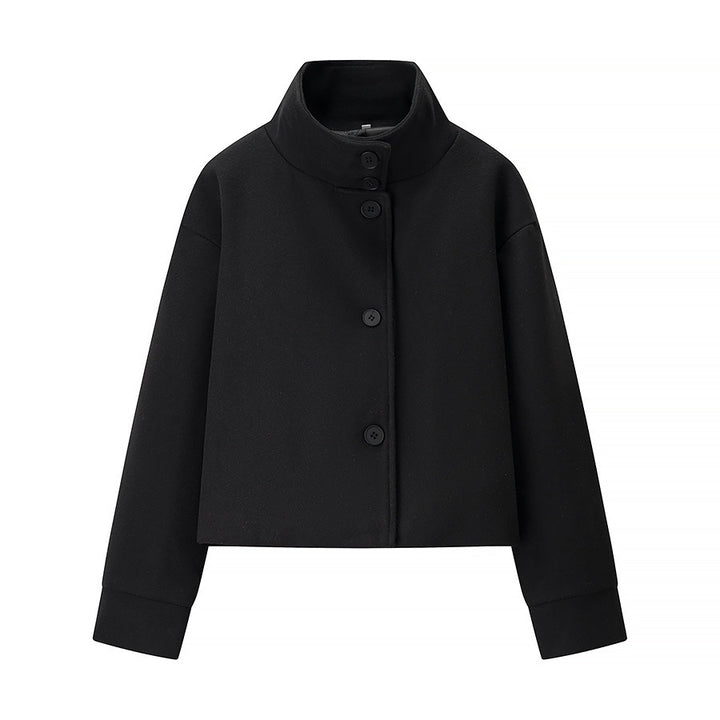 Women nan cropped wool blend jacket with high stand-up collar, boxy fit and concealed button placket Mune Fashion