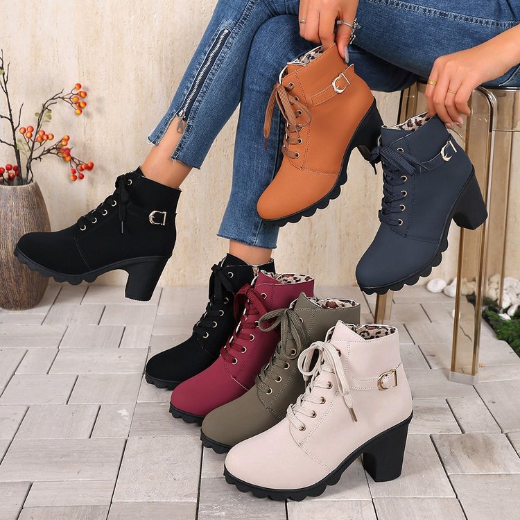 Women ankle-high lace-up ankle boots with side zipper, decorative belt loop, medium-high block heel, and strong-profiled outsole Mune Fashion