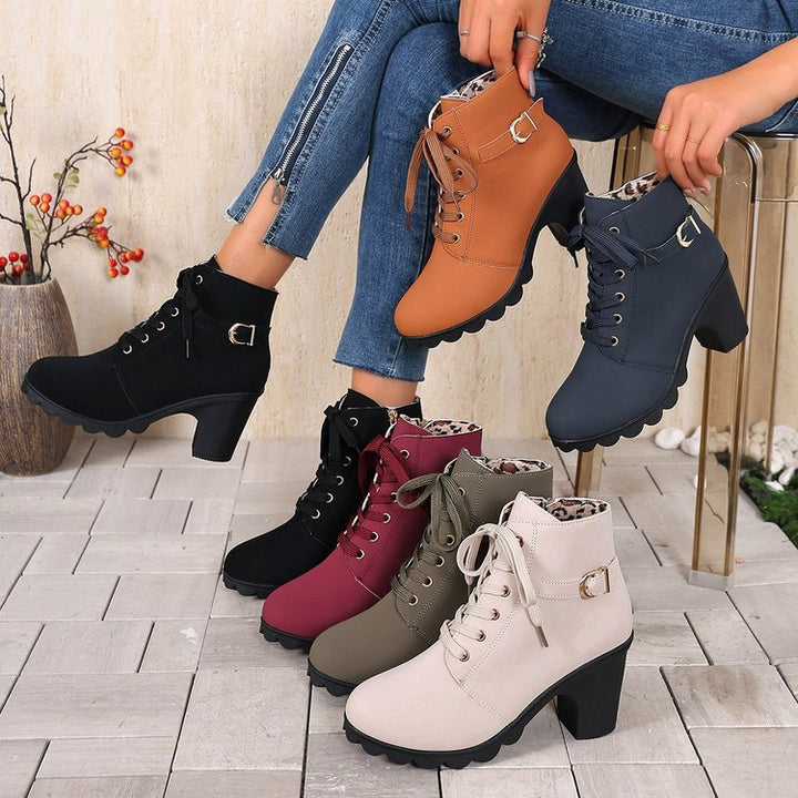 Women ankle-high lace-up ankle boots with side zipper, decorative belt loop, medium-high block heel, and strong-profiled outsole Mune Fashion