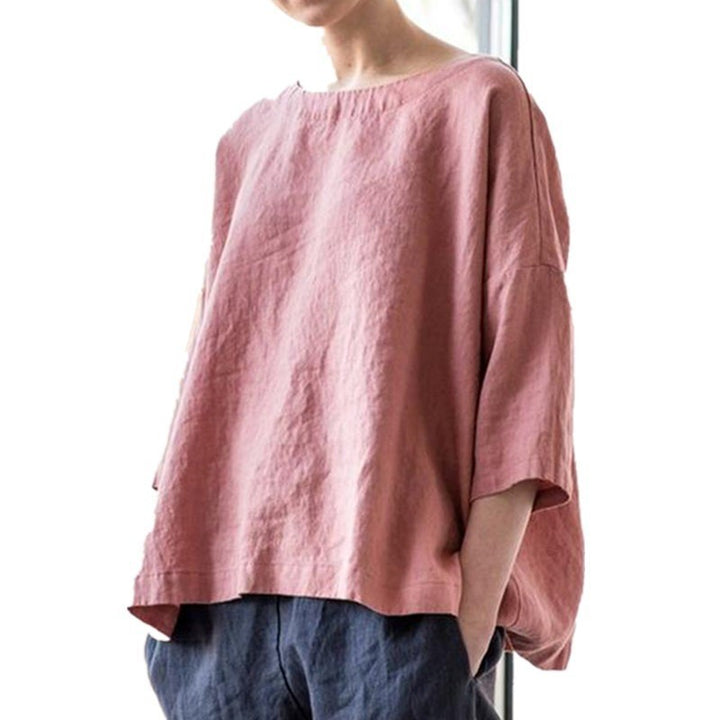 Women's oversized linen blouse with wide boxy cut, boat neckline and 3/4 sleeves Mune Fashion