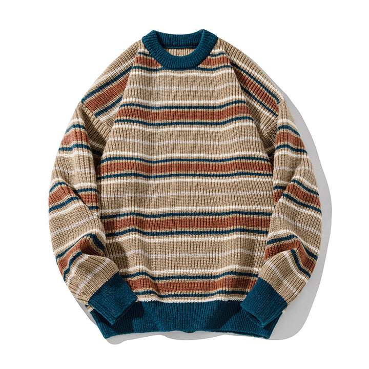 Unisex chunky knit sweater in stripe pattern with ribbed structure, round neck and drop shoulder Mune Fashion