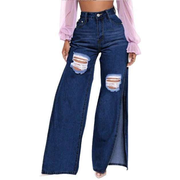 Women's High-Waist Wide-Leg Jeans with High Side Slits and Destroyed Details Mune Fashion