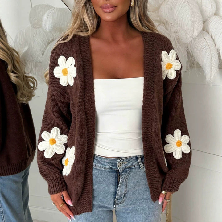 Women’s Oversize Knit Cardigan with 3D Flower Appliqués and Ribbed Hem Mune Fashion