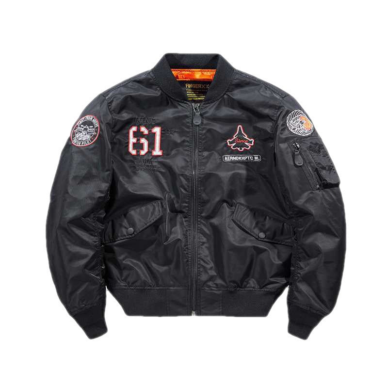 Men's short-cut flight bomber jacket with emblem patch, sleeve utility pocket and contrasting interior lining Mune Fashion