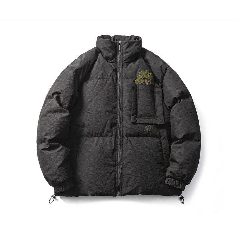 Unisex Kastig padded stand-up collar jacket with tree embroidery, chest flap pocket and drawstring hem Mune Fashion