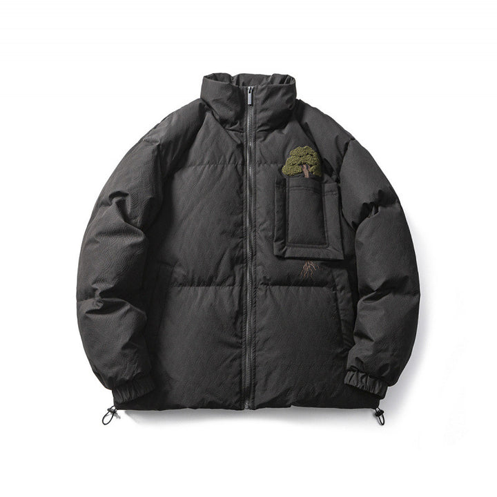 Unisex Kastig padded stand-up collar jacket with tree embroidery, chest flap pocket and drawstring hem Mune Fashion