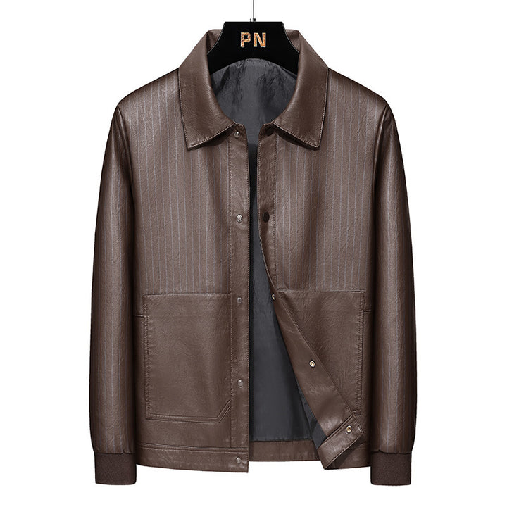 Men's Pinstripe Faux Leather Trucker Jacket with Snap Front and Ribbed Cuffs Mune Fashion