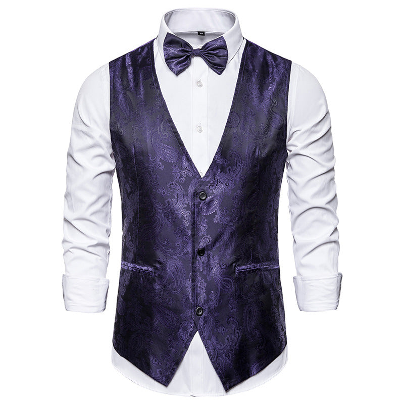 Men's tailored satin vest with ornamental jacquard pattern, V-neck and three buttons Mune Fashion