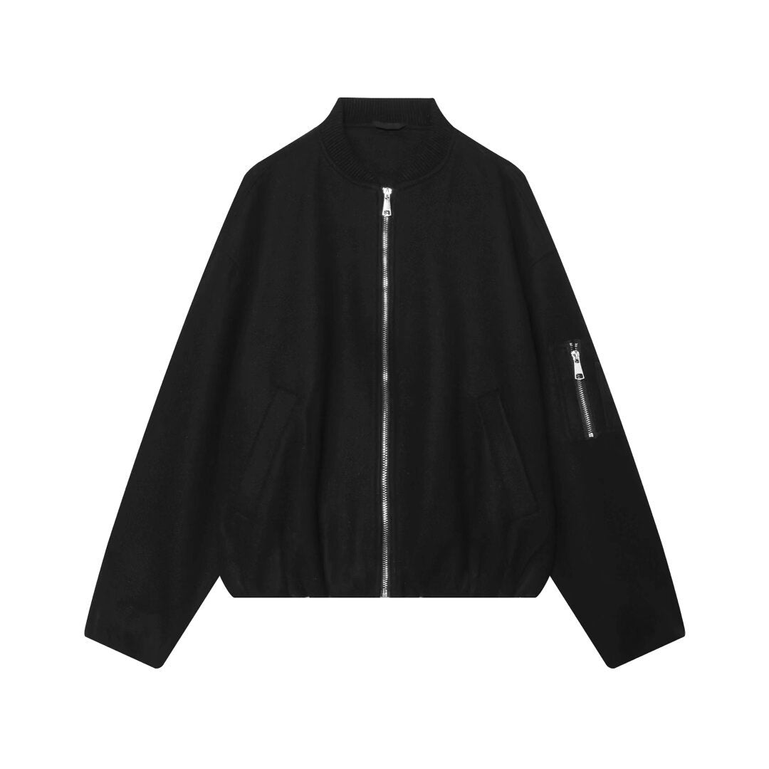 Women's Wool Blend Bomber Jacket in Oversized Boxy Cut with Zipper and Arm Pocket Mune Fashion