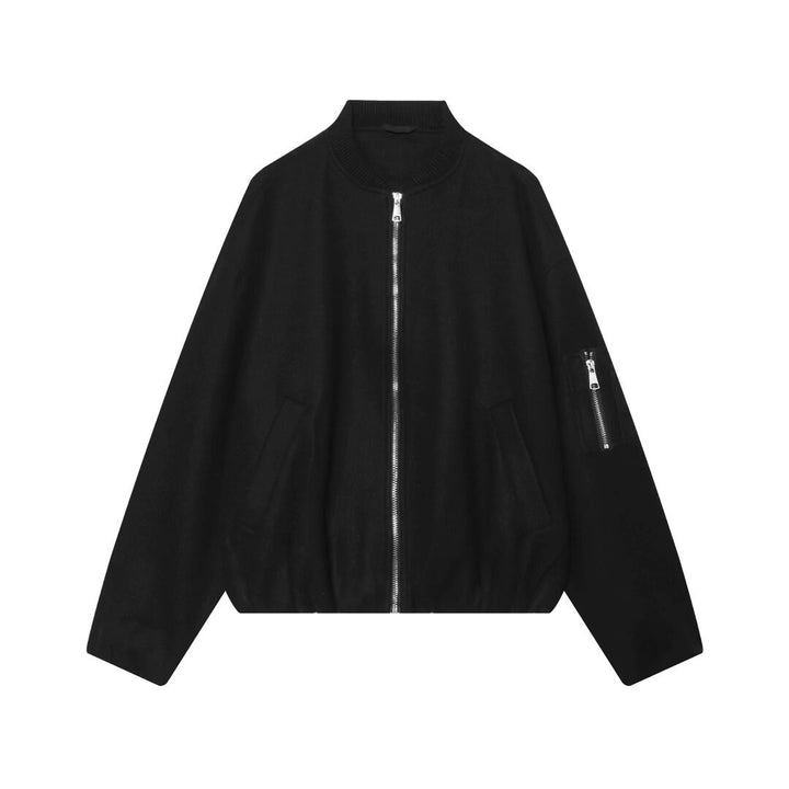 Women's Wool Blend Bomber Jacket in Oversized Boxy Cut with Zipper and Arm Pocket Mune Fashion