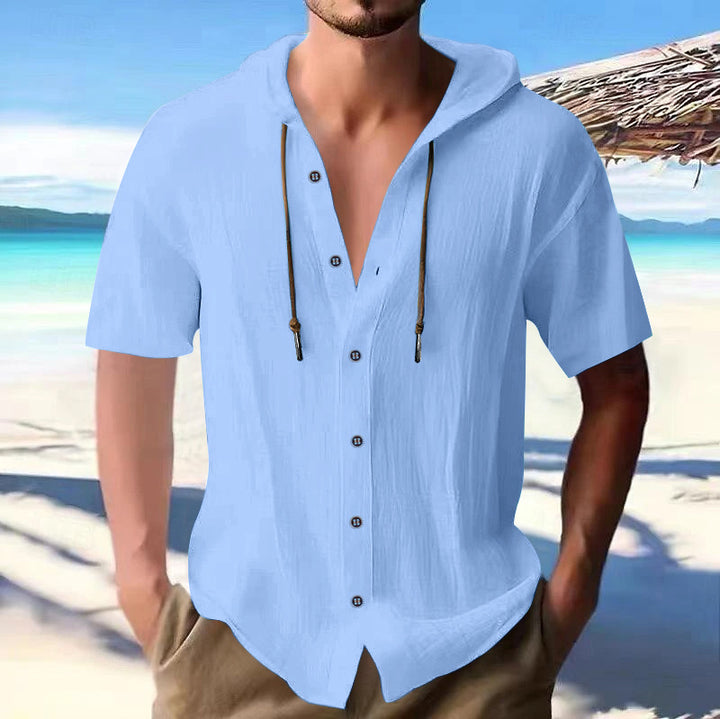 Men's lightweight short-sleeve hooded shirt with button placket and breathable cotton blend Mune Fashion