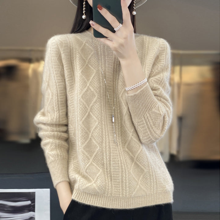Ladies cable knit fine knit sweater with lace panels and soft mohair finish Mune Fashion