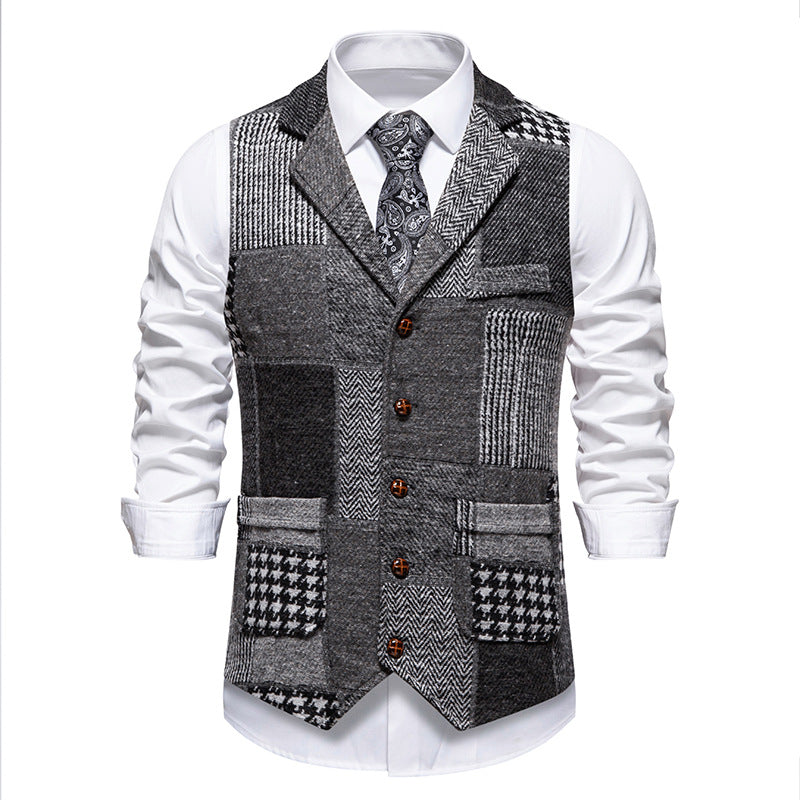 Men's nan Patchwork Vest with Notched Lapel Button Placket and Patch Pockets Mune Fashion