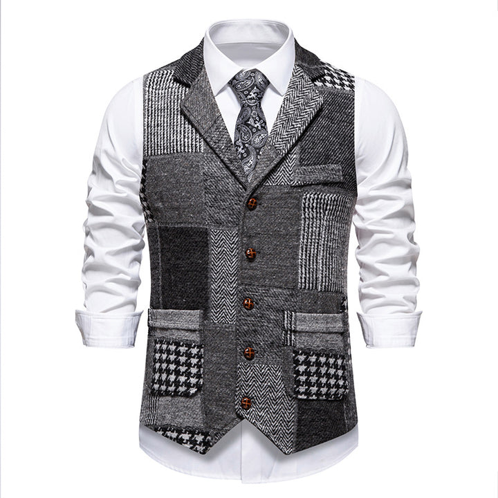 Men's nan Patchwork Vest with Notched Lapel Button Placket and Patch Pockets Mune Fashion