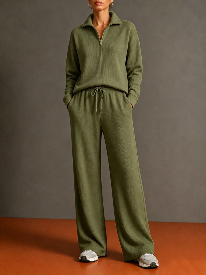 Women's cozy knit relax suit with half zipper, drawstring waistband, and wide leg Mune Fashion