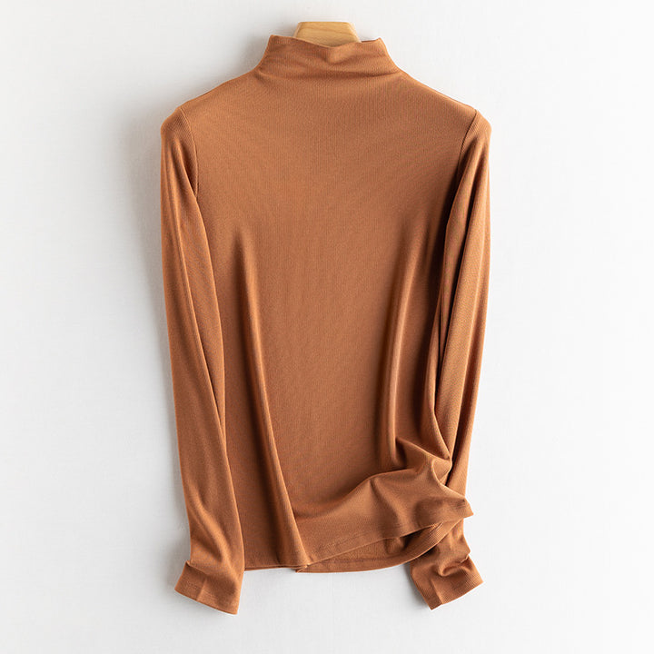 Women Fine Rib Long Sleeve Shirt with Turtleneck and Ruffle Edges Mune Fashion