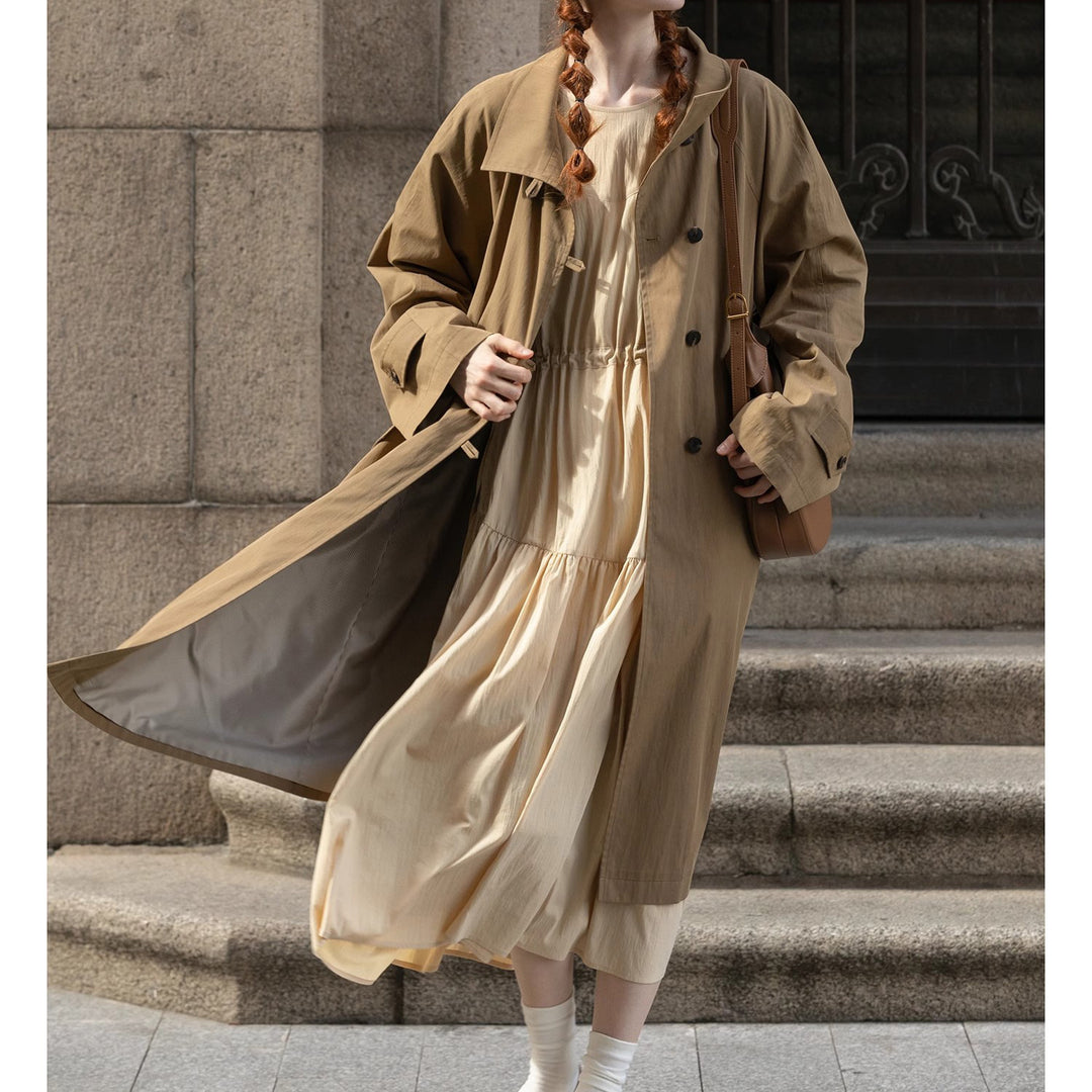 Women Lightweight Oversize Trench Coat with High Stand Collar, Adjustable Cuffs & Tied Belt Mune Fashion