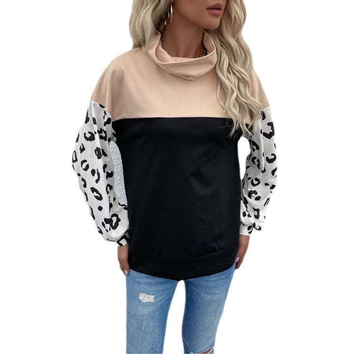 Women's colorblock sweatshirt with rollover collar and animal print sleeves Mune Fashion