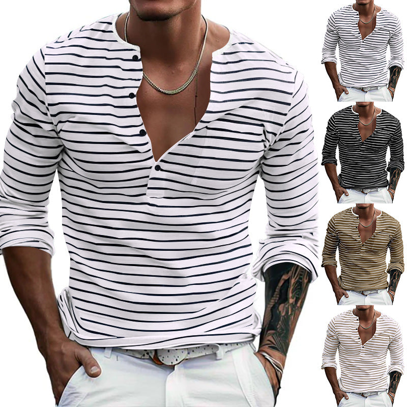 Men's striped Henley long sleeve shirt with narrow button placket, light cotton stretch and casual regular fit Mune Fashion