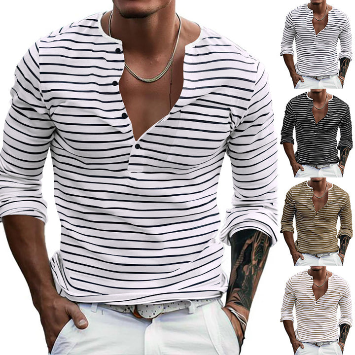 Men's striped Henley long sleeve shirt with narrow button placket, light cotton stretch and casual regular fit Mune Fashion