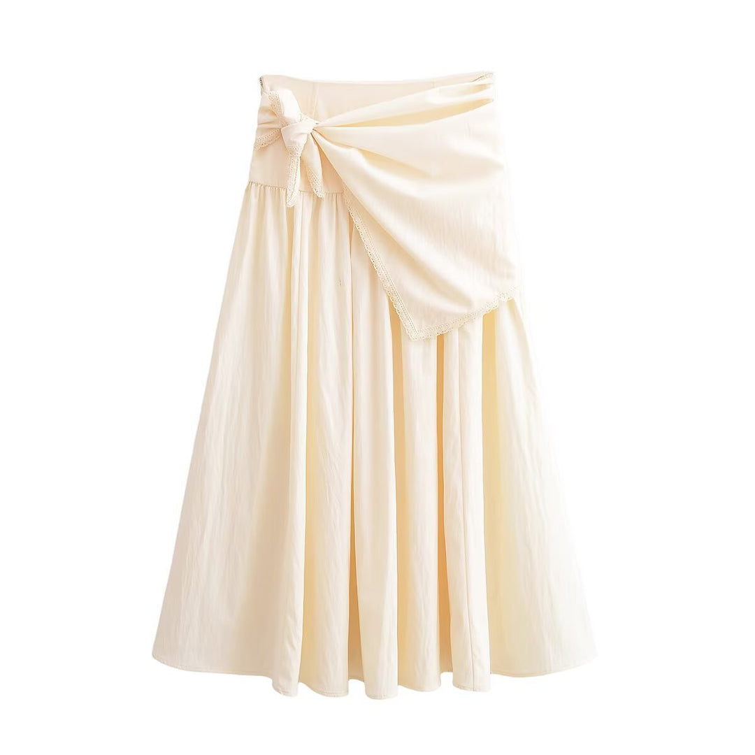 Women Midiskirt with Wrap Overlay, High Waist and Lace Trim Mune Fashion