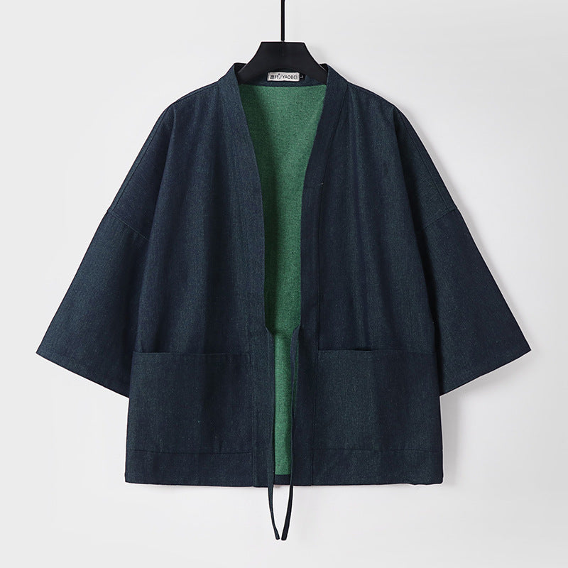 Unisex Light Denim Kimono Jacket with Contrast Lining and Tie Belt Mune Fashion