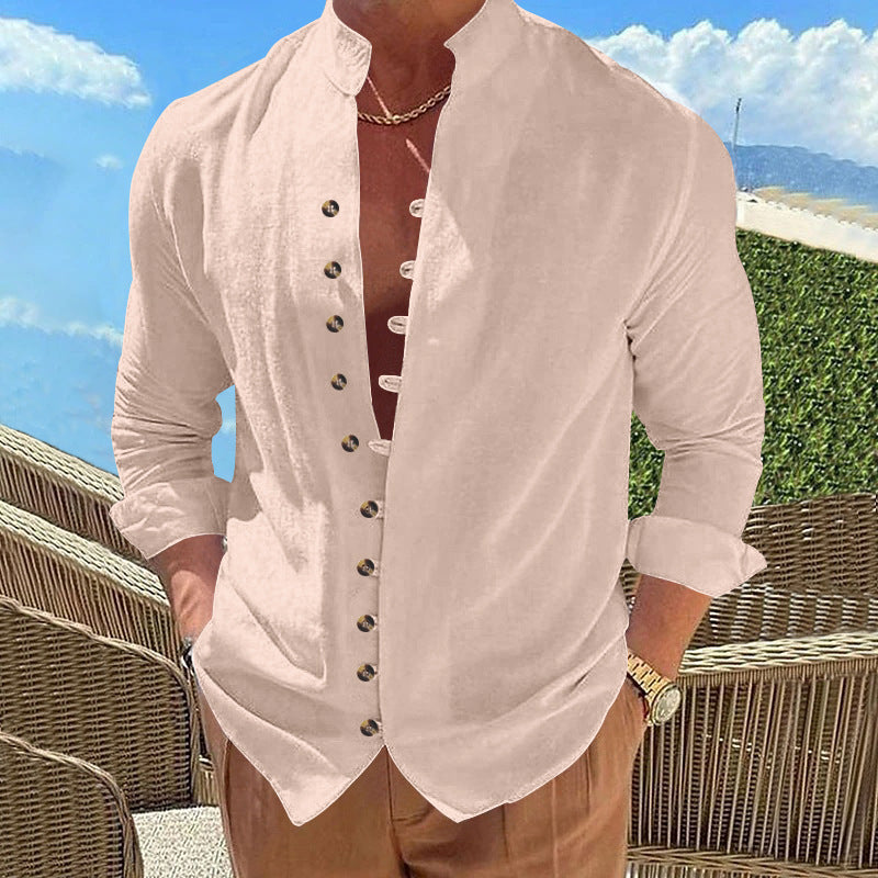 Men's long-sleeved stand-collar shirt made from a lightweight linen-viscose blend with asymmetric decorative button placket Mune Fashion