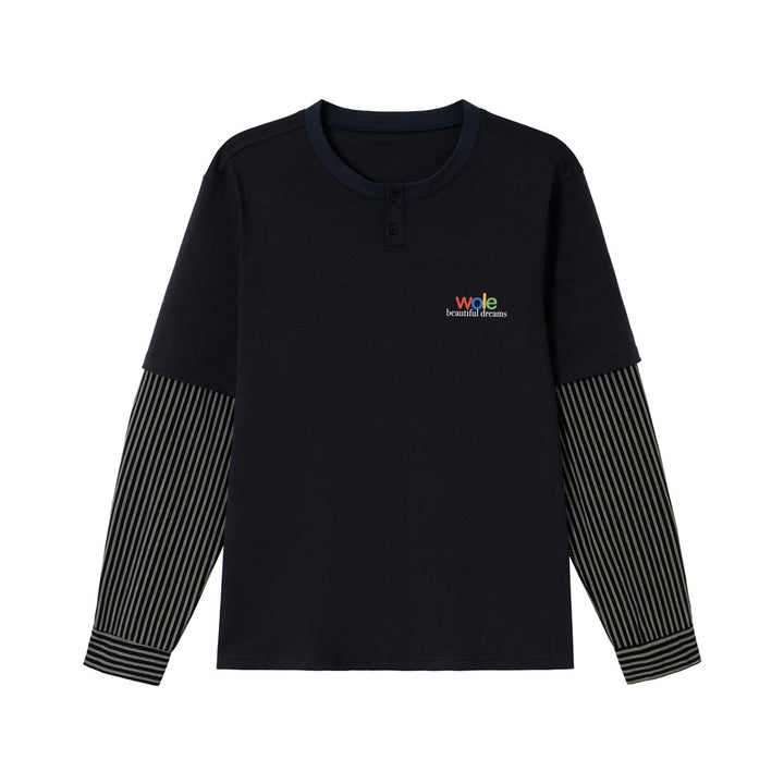 Unisex Layered Long Sleeve Shirt with Henley Placket and Striped Sleeve Inserts Mune Fashion