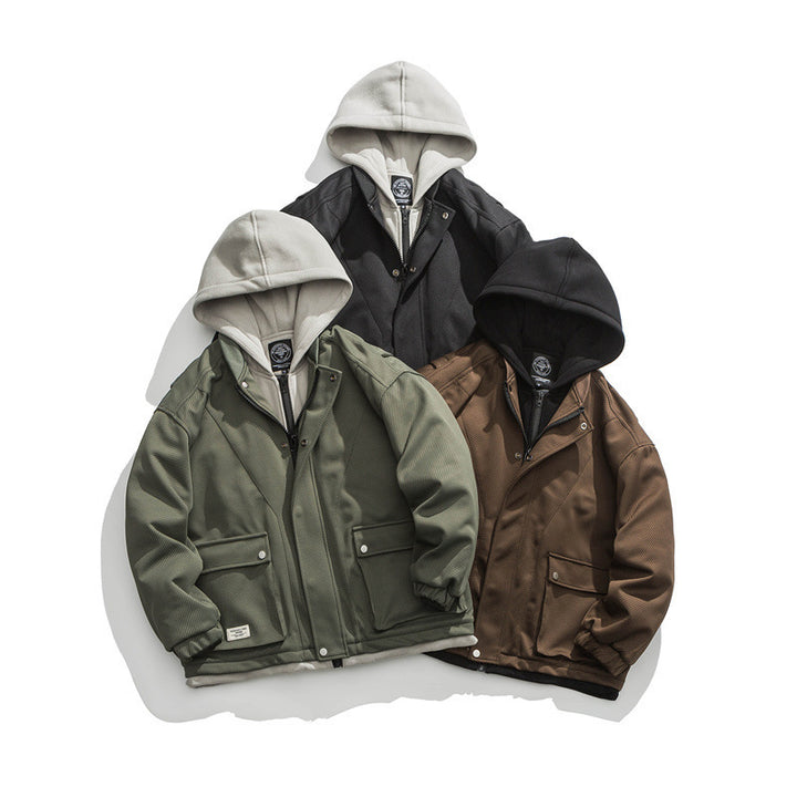 Men's Two-Layer Utility Jacket with Integrated Hood Inner Layer and Flap Pockets Mune Fashion