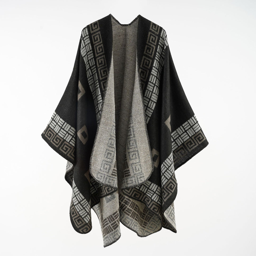 Women's Kastiger Wool Blend Ruana with Contrasting Inner Lining and Graphic Jacquard Design