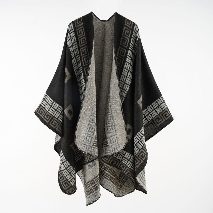 Women's Kastiger Wool Blend Ruana with Contrasting Inner Lining and Graphic Jacquard Design