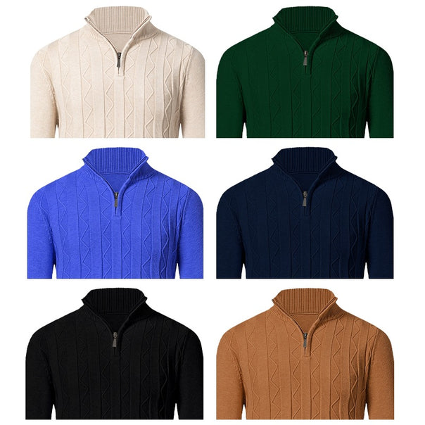 Men's fine knit half-zip sweater with cable pattern and stand-up collar Mune Fashion