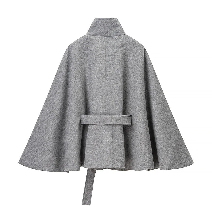 Women tailored wool cape coat with stand-up collar, tie belt, and concealed button placket Mune Fashion