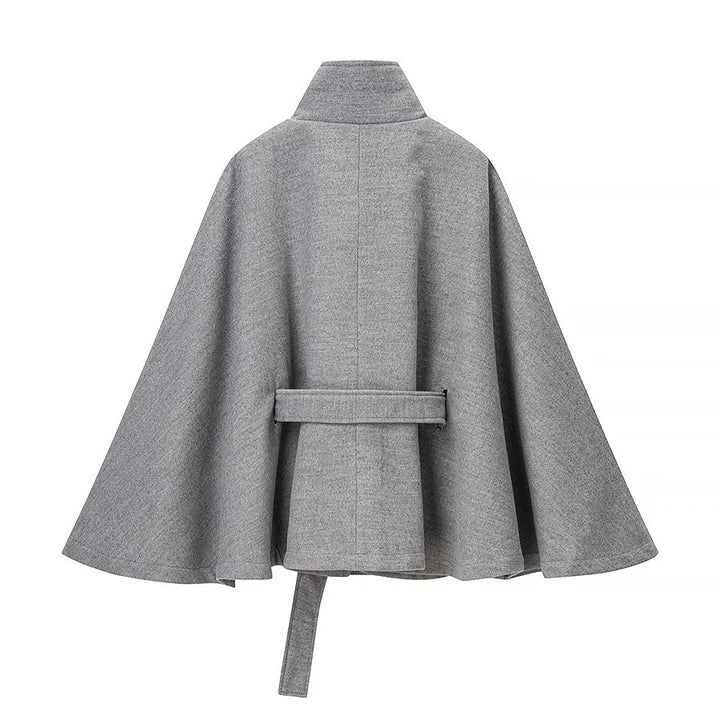 Women tailored wool cape coat with stand-up collar, tie belt, and concealed button placket Mune Fashion