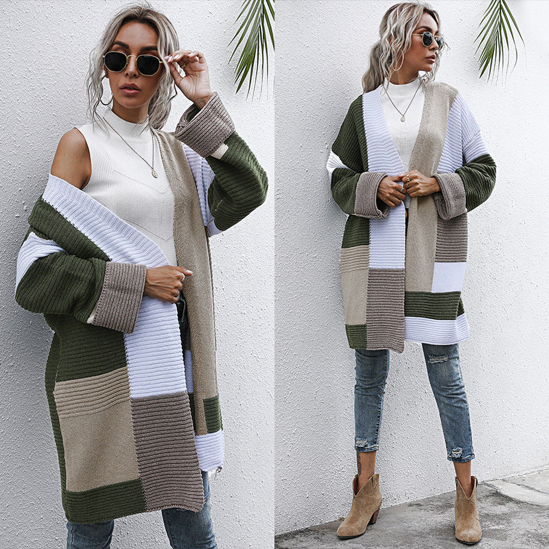 Women's Oversized Knit Cardigan with Colorblock Patchwork and Open Front Mune Fashion
