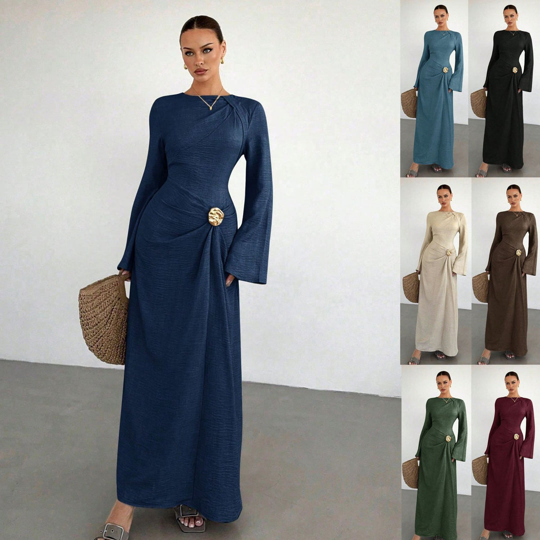Ladies max dress with draping, decorative brooch and wide trumpet sleeves Mune Fashion