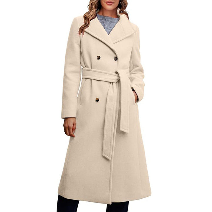 Ladies Elegant Double-Breasted Coat with Belt Detail Mune