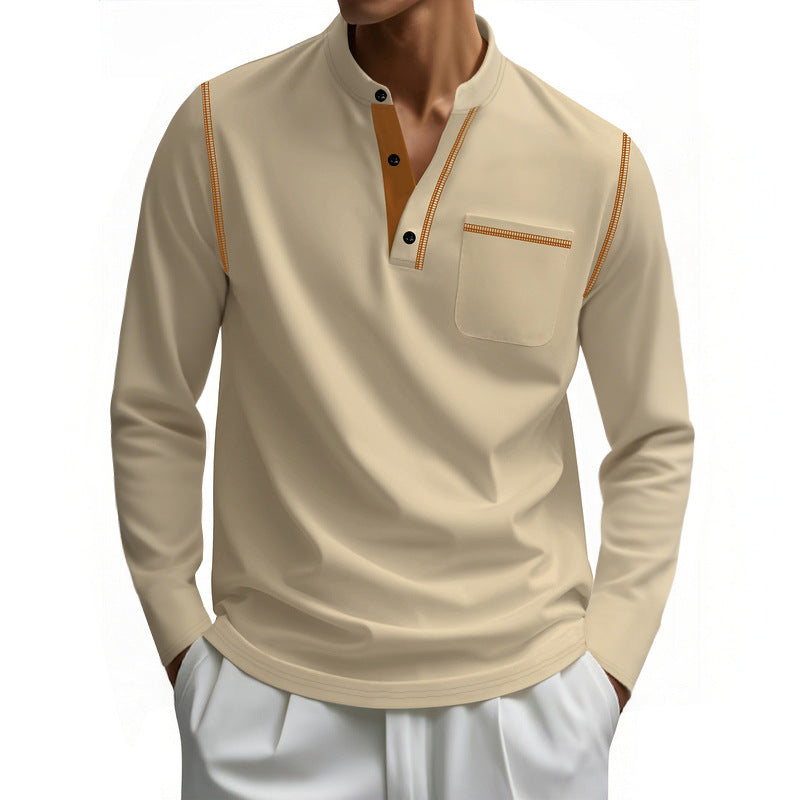 Men's Henley Long Sleeve Shirt with Stand-Up Collar, Chest Pocket and Contrasting Decorative Stitches Mune Fashion