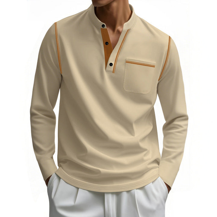 Men's Henley Long Sleeve Shirt with Stand-Up Collar, Chest Pocket and Contrasting Decorative Stitches Mune Fashion