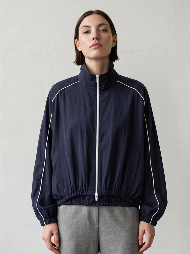 Women's Lightweight Sports Track Jacket with Stand-up Collar, Contrast Piping and Elastic Waistband Mune Fashion