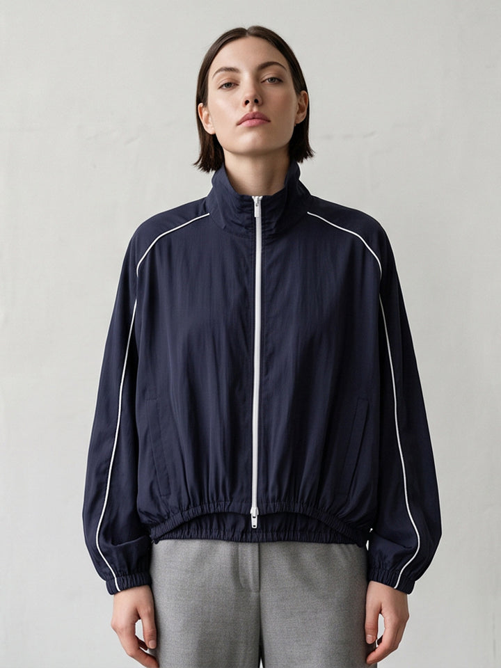 Women's Lightweight Sports Track Jacket with Stand-up Collar, Contrast Piping and Elastic Waistband Mune Fashion