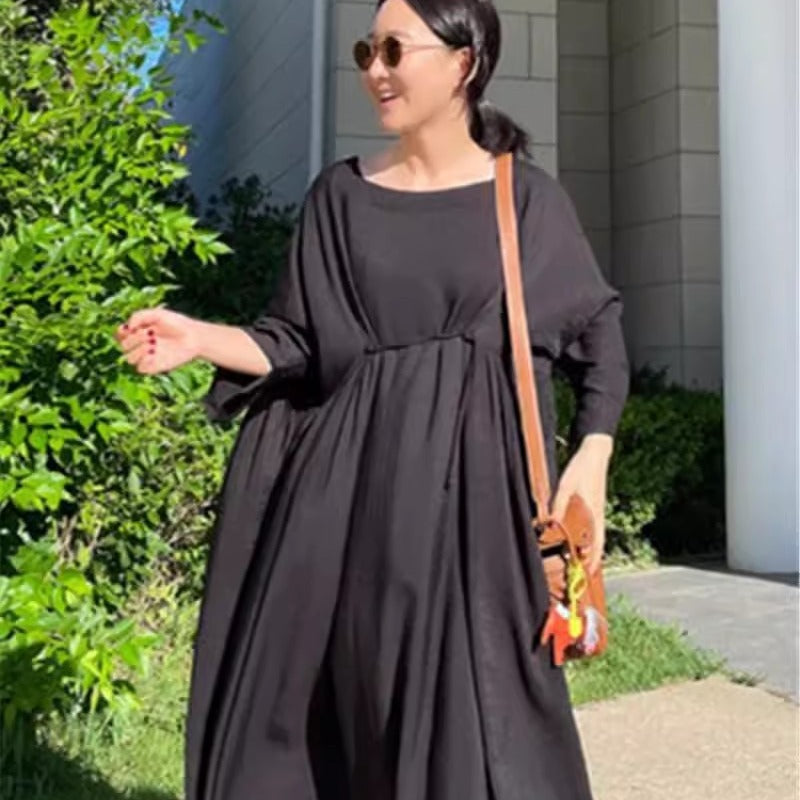 Ladies Long Smock Maxi Dress with Deep Waist Seam and Wide Bell Skirt Mune Fashion