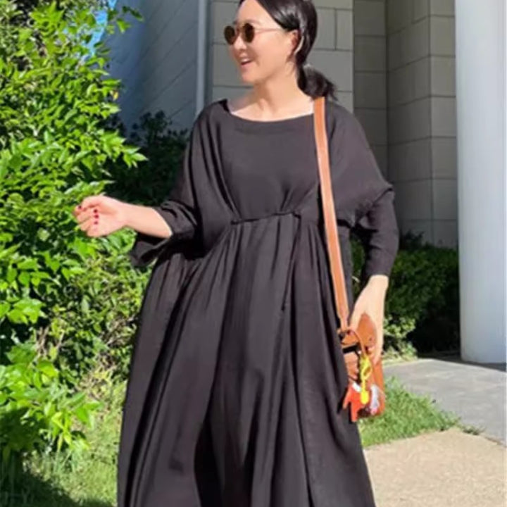 Ladies Long Smock Maxi Dress with Deep Waist Seam and Wide Bell Skirt Mune Fashion