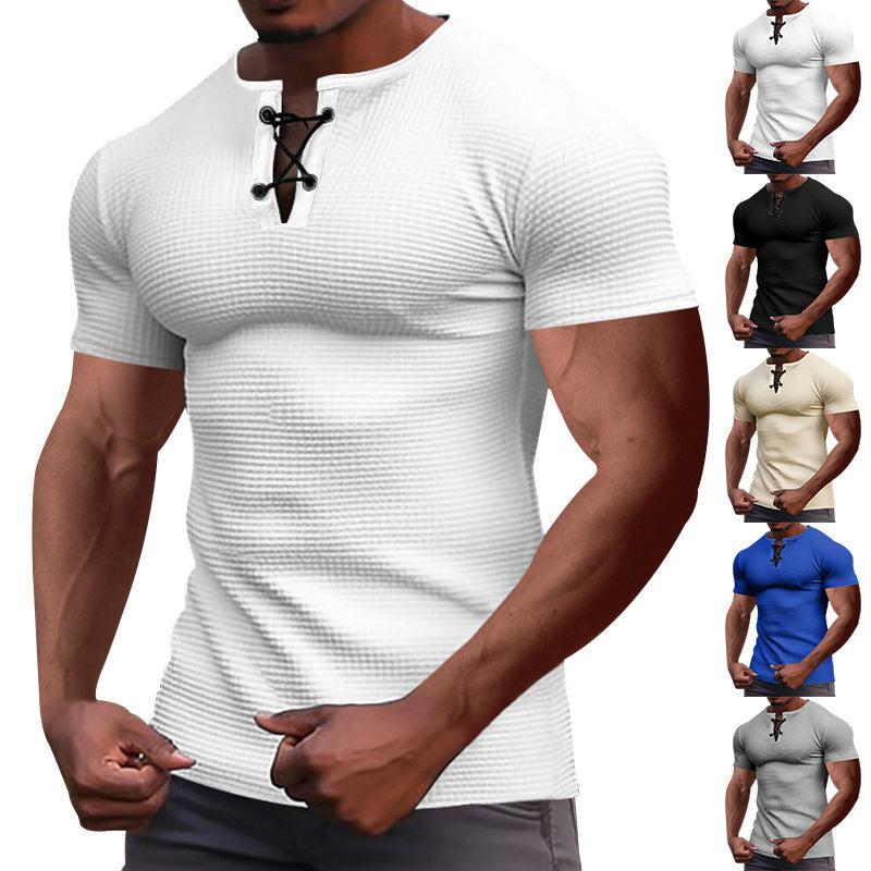 Men's short-sleeve shirt with lace collar, metal eyelets, and fine structured jersey Mune Fashion