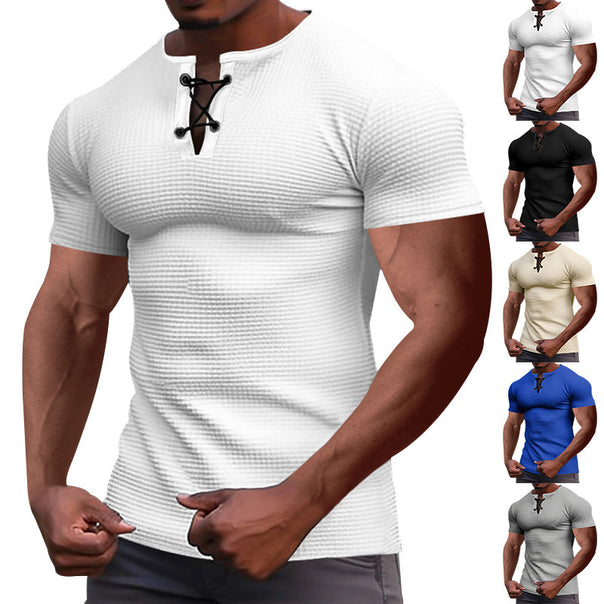 Men's short-sleeve shirt with lace collar, metal eyelets, and fine structured jersey Mune Fashion
