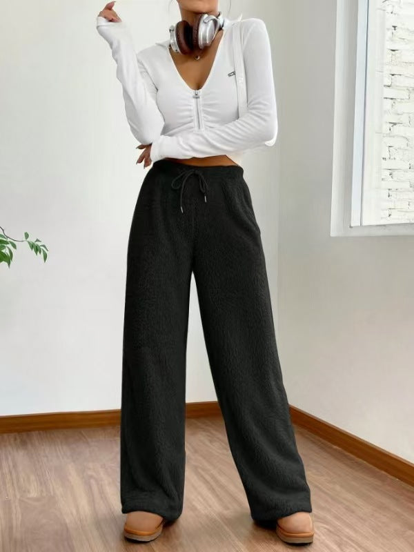 Women's high-waisted teddy fleece lounge pants with wide leg, drawstring, and side pockets Mune Fashion