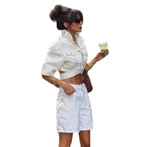 Women Short-Cut Denim Jacket with Waistband and Chest Pockets Mune Fashion